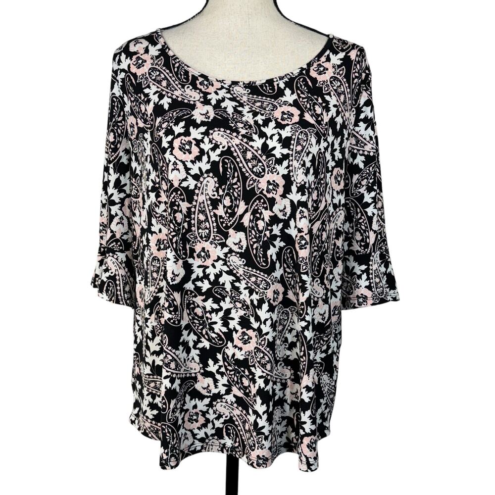Roz & Ali X-Large Top Paisley Floral Stretch Scoop Neck Ruffle Bell Elbow Sleeve